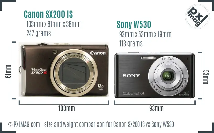 Canon SX200 IS vs Sony W530 size comparison