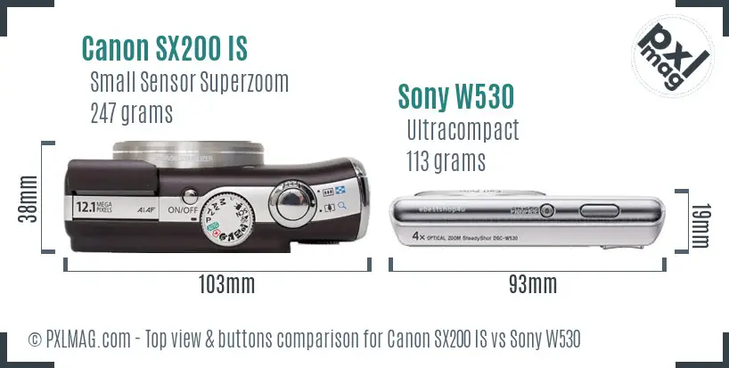 Canon SX200 IS vs Sony W530 top view buttons comparison