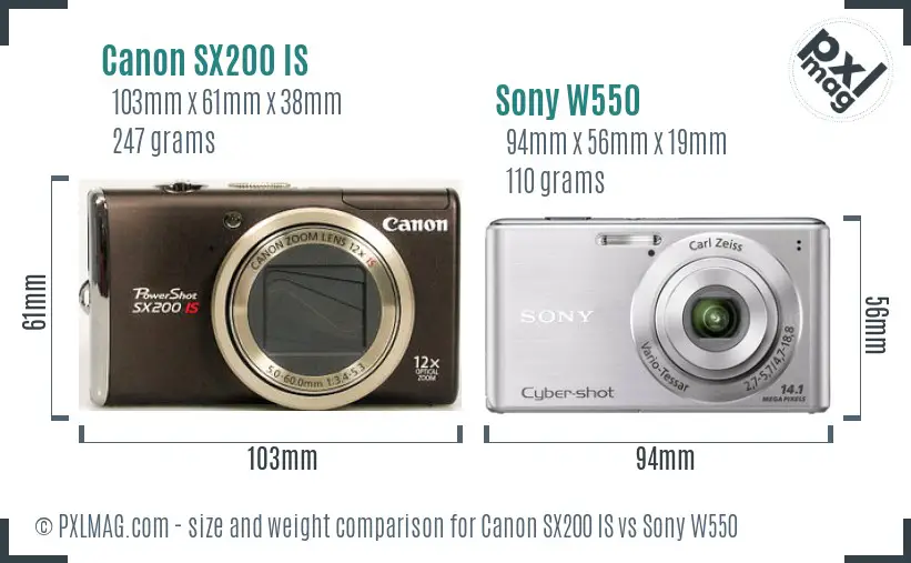 Canon SX200 IS vs Sony W550 size comparison