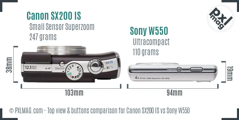 Canon SX200 IS vs Sony W550 top view buttons comparison
