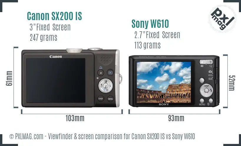 Canon SX200 IS vs Sony W610 Screen and Viewfinder comparison