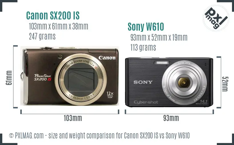 Canon SX200 IS vs Sony W610 size comparison