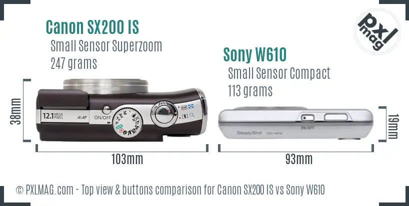 Canon SX200 IS vs Sony W610 top view buttons comparison