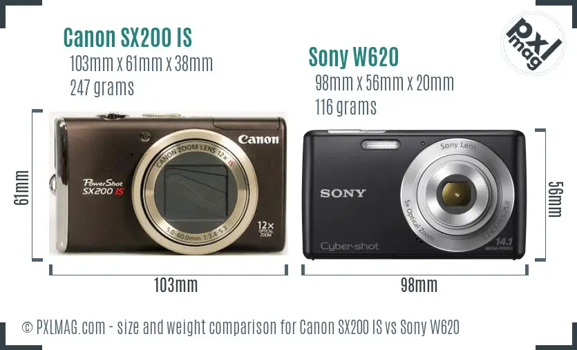 Canon SX200 IS vs Sony W620 size comparison