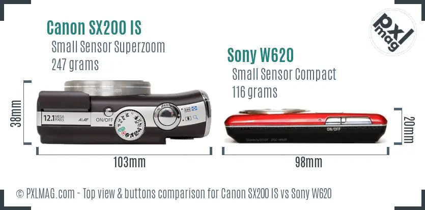 Canon SX200 IS vs Sony W620 top view buttons comparison