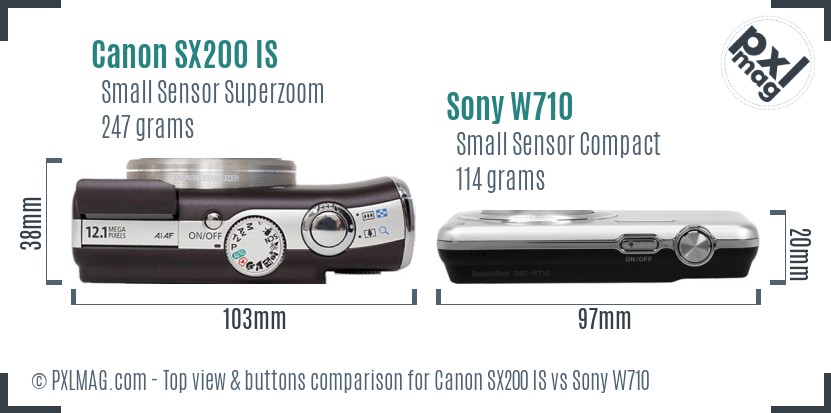 Canon SX200 IS vs Sony W710 top view buttons comparison