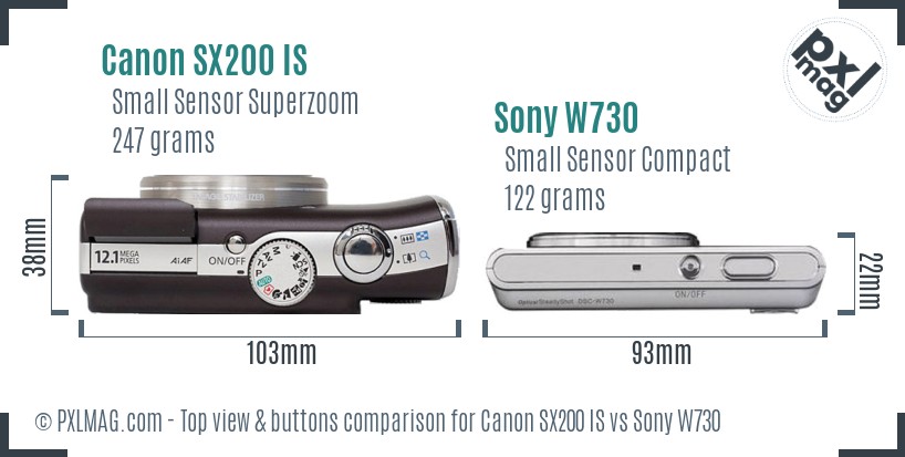 Canon SX200 IS vs Sony W730 top view buttons comparison