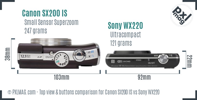 Canon SX200 IS vs Sony WX220 top view buttons comparison