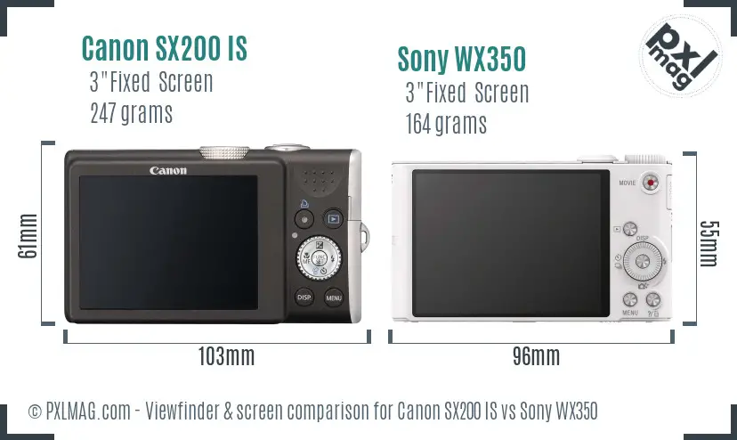 Canon SX200 IS vs Sony WX350 Screen and Viewfinder comparison