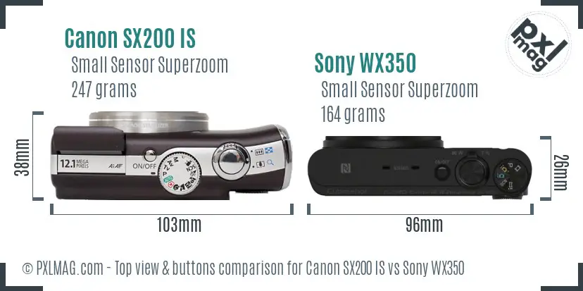 Canon SX200 IS vs Sony WX350 top view buttons comparison