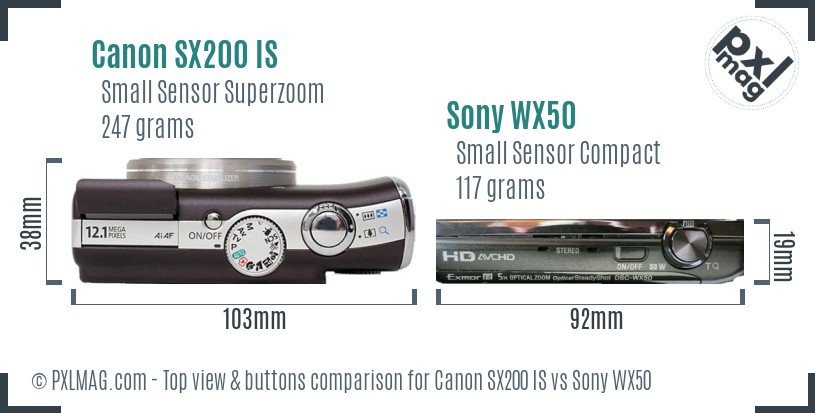 Canon SX200 IS vs Sony WX50 top view buttons comparison