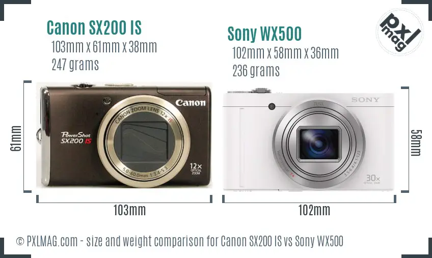 Canon SX200 IS vs Sony WX500 size comparison Canon SX200 IS vs Sony WX500 size comparison