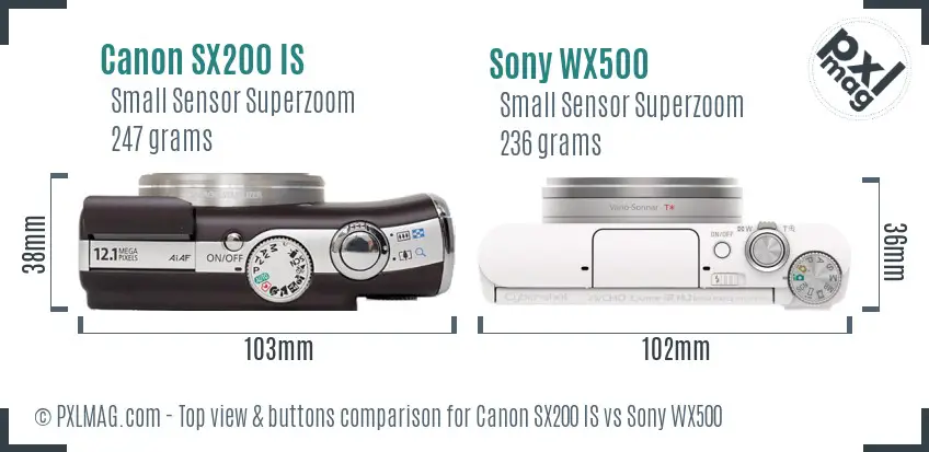 Canon SX200 IS vs Sony WX500 top view buttons comparison Canon SX200 IS vs Sony WX500 top view buttons comparison