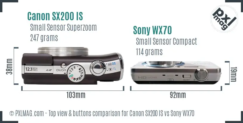 Canon SX200 IS vs Sony WX70 top view buttons comparison Canon SX200 IS vs Sony WX70 top view buttons comparison