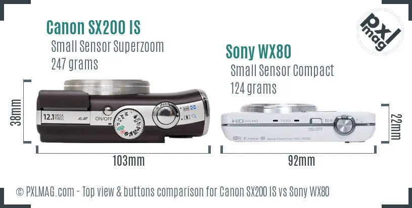 Canon SX200 IS vs Sony WX80 top view buttons comparison Canon SX200 IS vs Sony WX80 top view buttons comparison