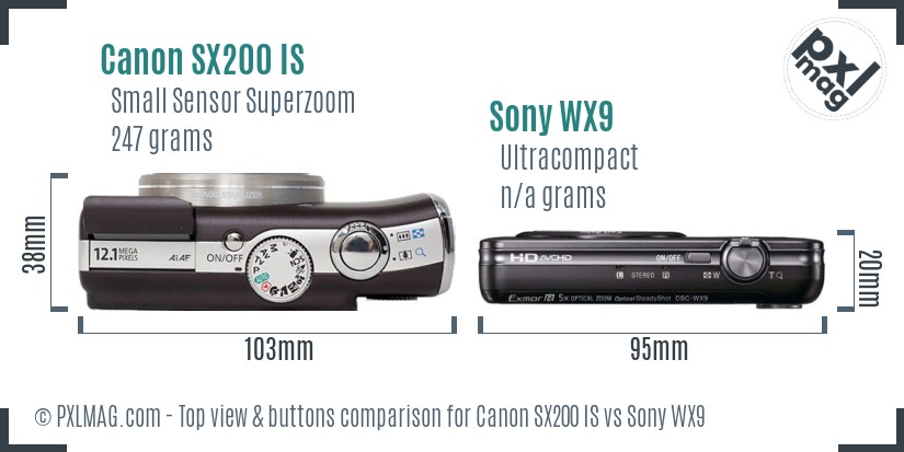 Canon SX200 IS vs Sony WX9 top view buttons comparison