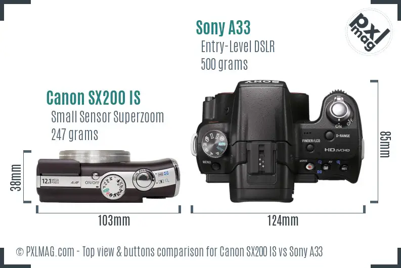 Canon SX200 IS vs Sony A33 top view buttons comparison