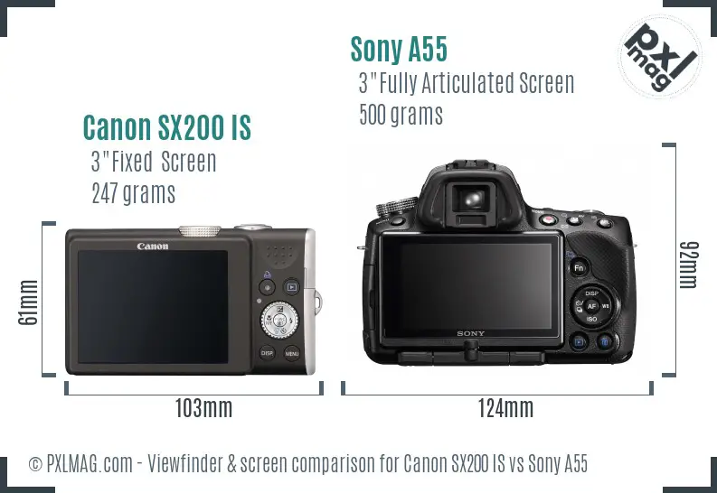 Canon SX200 IS vs Sony A55 Screen and Viewfinder comparison