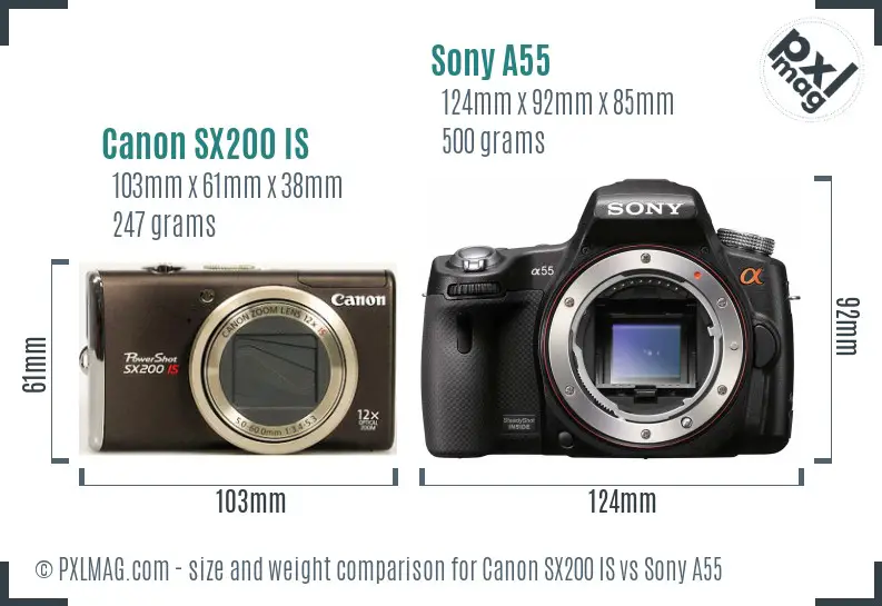 Canon SX200 IS vs Sony A55 size comparison Canon SX200 IS vs Sony A55 size comparison