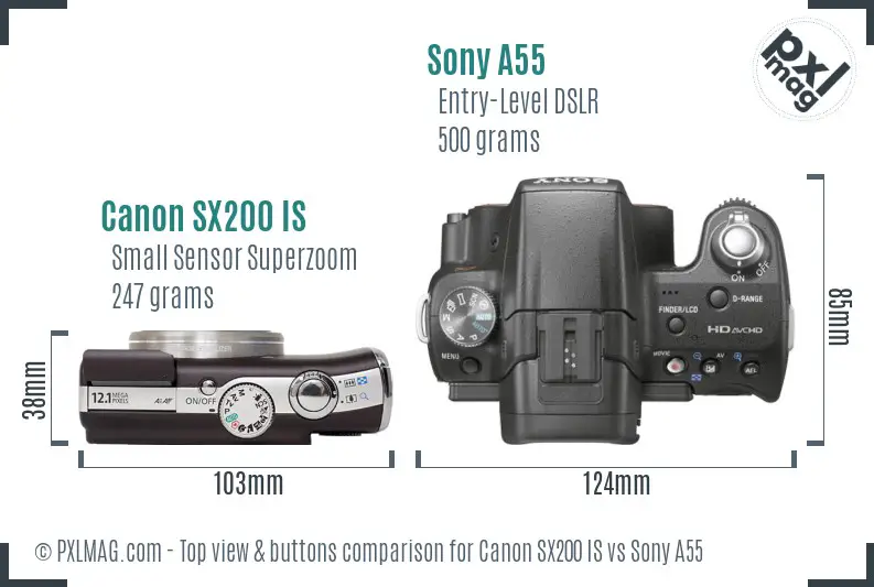 Canon SX200 IS vs Sony A55 top view buttons comparison