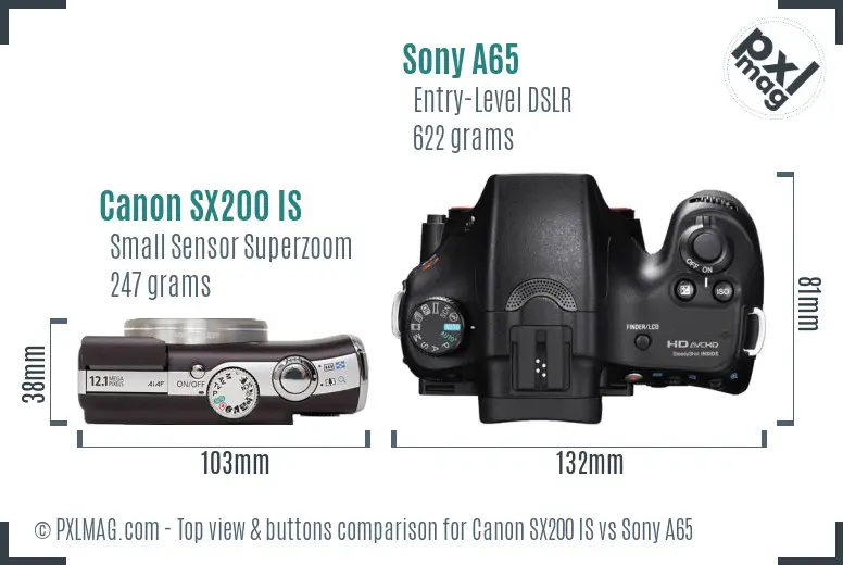 Canon SX200 IS vs Sony A65 top view buttons comparison