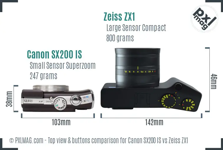 Canon SX200 IS vs Zeiss ZX1 top view buttons comparison