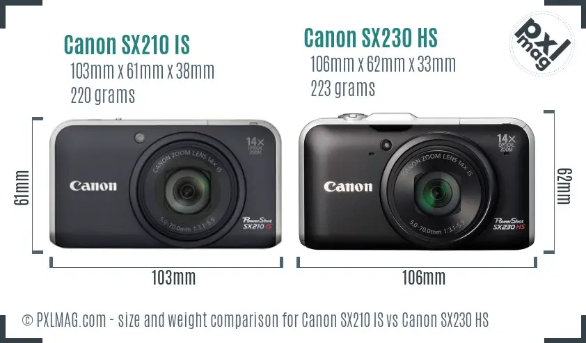 Canon SX210 IS vs Canon SX230 HS size comparison