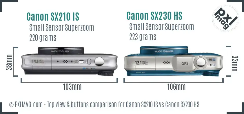 Canon SX210 IS vs Canon SX230 HS top view buttons comparison