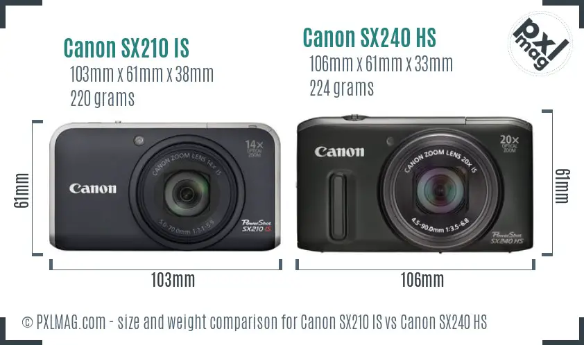 Canon SX210 IS vs Canon SX240 HS size comparison
