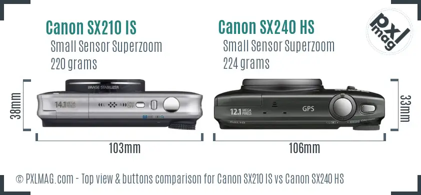 Canon SX210 IS vs Canon SX240 HS top view buttons comparison