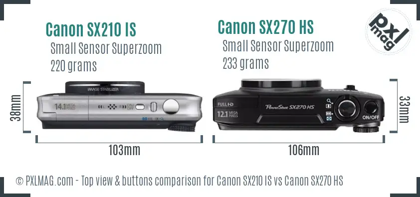 Canon SX210 IS vs Canon SX270 HS top view buttons comparison