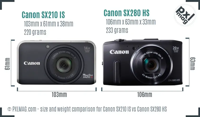 Canon SX210 IS vs Canon SX280 HS size comparison