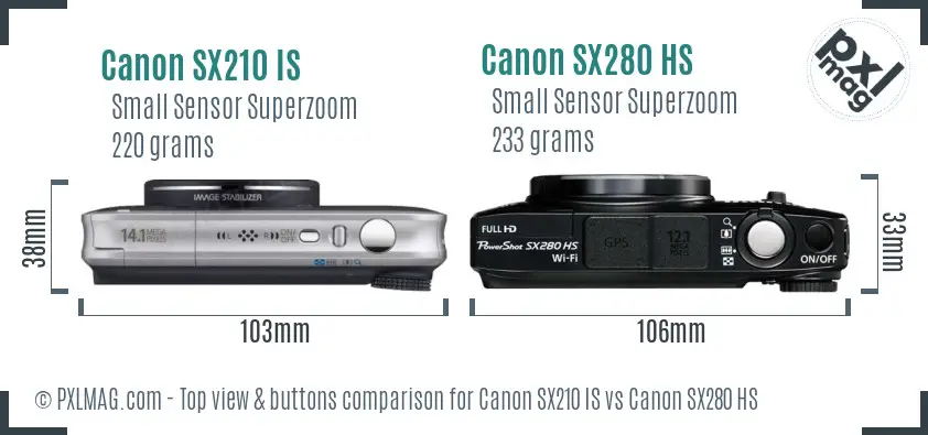 Canon SX210 IS vs Canon SX280 HS top view buttons comparison