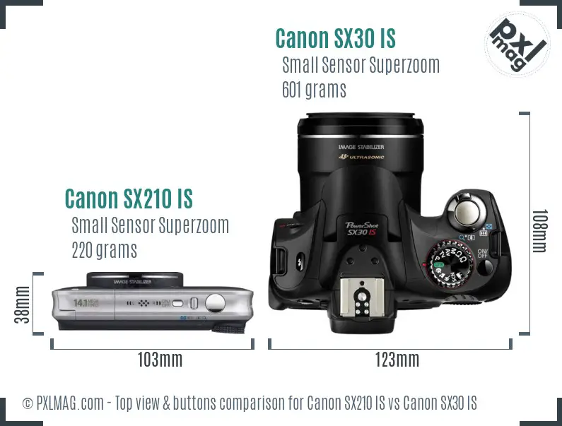 Canon SX210 IS vs Canon SX30 IS top view buttons comparison