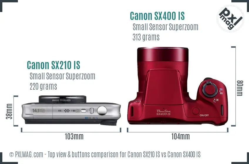 Canon SX210 IS vs Canon SX400 IS top view buttons comparison