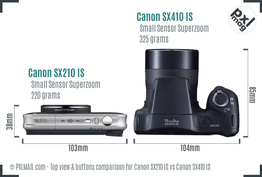 Canon SX210 IS vs Canon SX410 IS top view buttons comparison