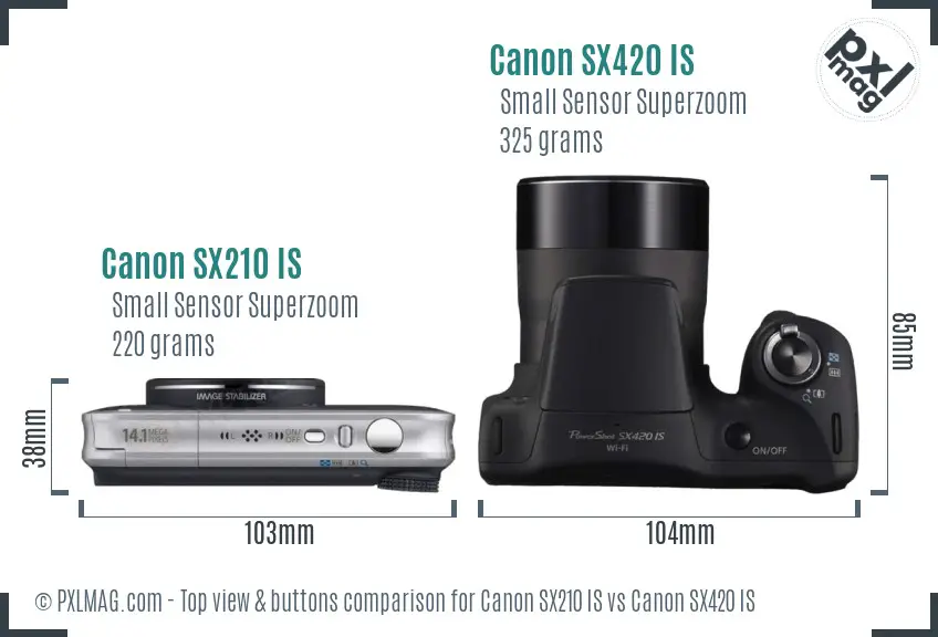 Canon SX210 IS vs Canon SX420 IS top view buttons comparison