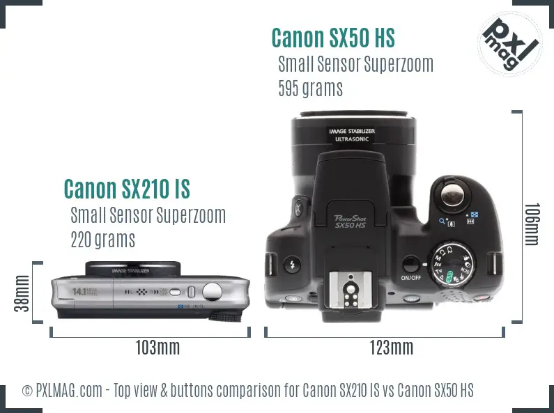 Canon SX210 IS vs Canon SX50 HS top view buttons comparison