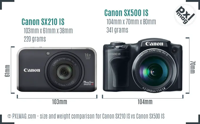 Canon SX210 IS vs Canon SX500 IS size comparison