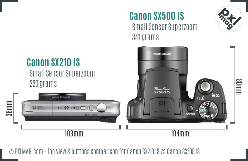 Canon SX210 IS vs Canon SX500 IS top view buttons comparison