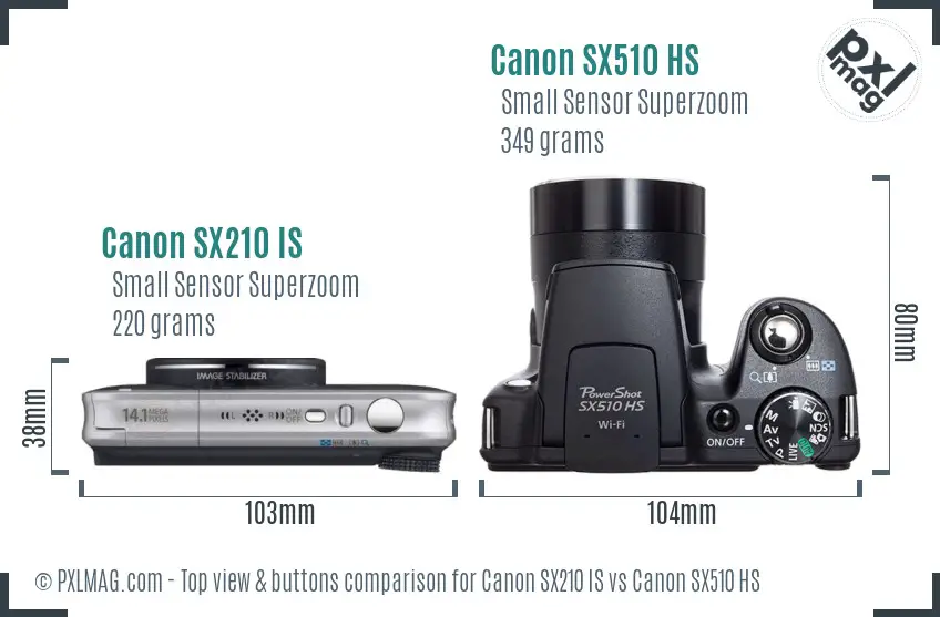 Canon SX210 IS vs Canon SX510 HS top view buttons comparison