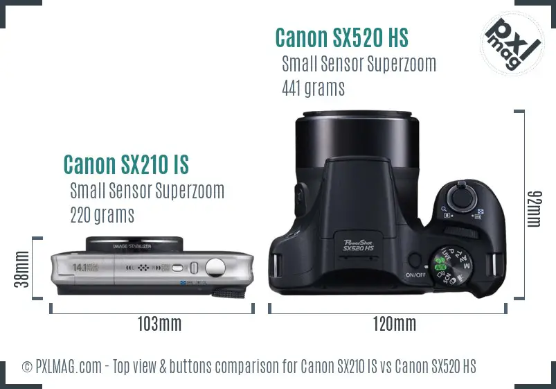 Canon SX210 IS vs Canon SX520 HS top view buttons comparison