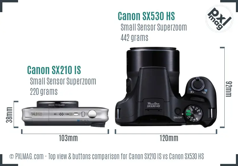 Canon SX210 IS vs Canon SX530 HS top view buttons comparison