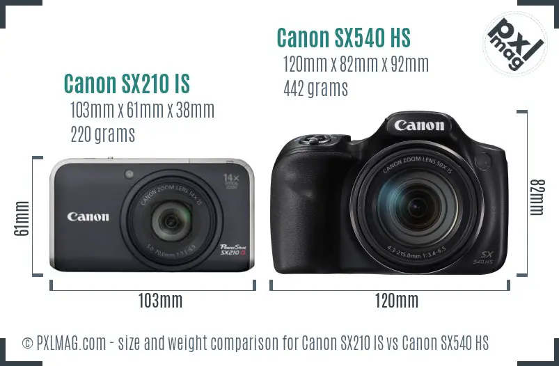 Canon SX210 IS vs Canon SX540 HS size comparison