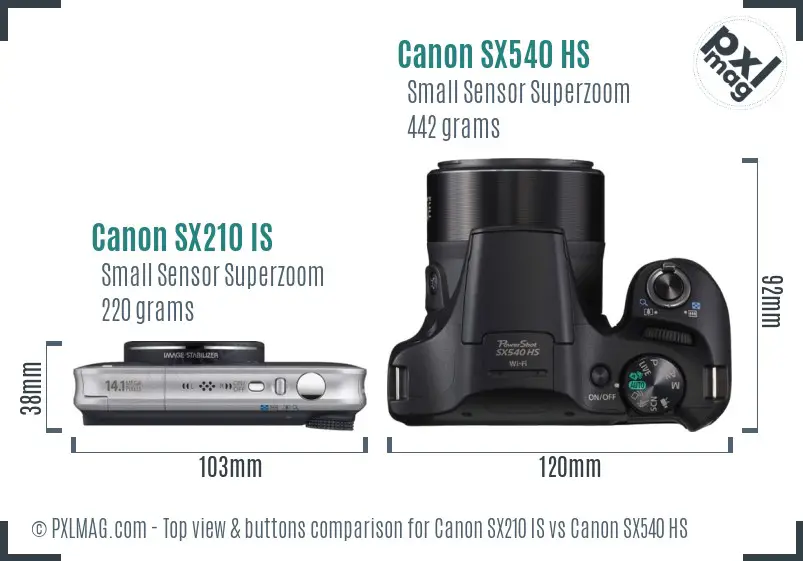 Canon SX210 IS vs Canon SX540 HS top view buttons comparison