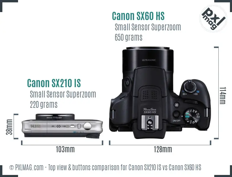 Canon SX210 IS vs Canon SX60 HS top view buttons comparison