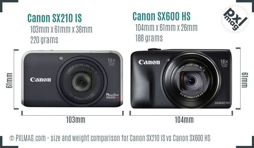 Canon SX210 IS vs Canon SX600 HS size comparison