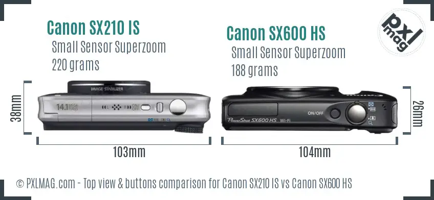 Canon SX210 IS vs Canon SX600 HS top view buttons comparison