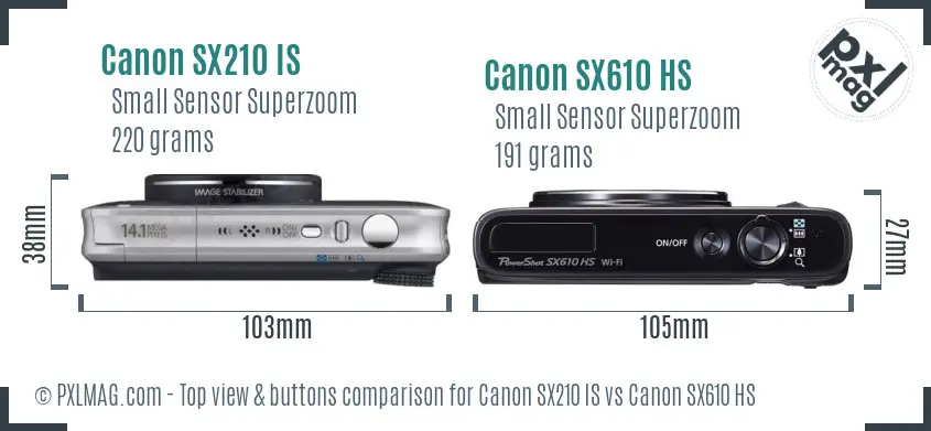 Canon SX210 IS vs Canon SX610 HS top view buttons comparison