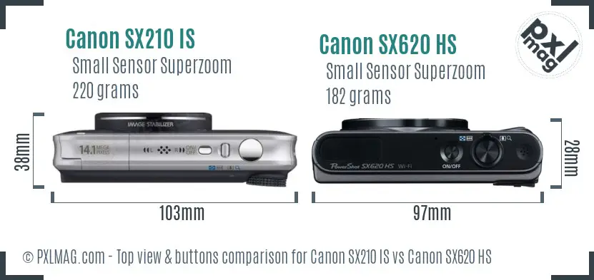 Canon SX210 IS vs Canon SX620 HS top view buttons comparison